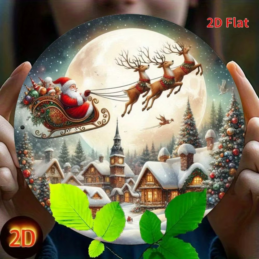 HELLOYOUNG Vintage Weihnachtsmann Schlitten Metall Wanddekoration mit Rentier und Winterdorf, Mehrfarbig, B/H: 20 x 20 cm - Bild 4