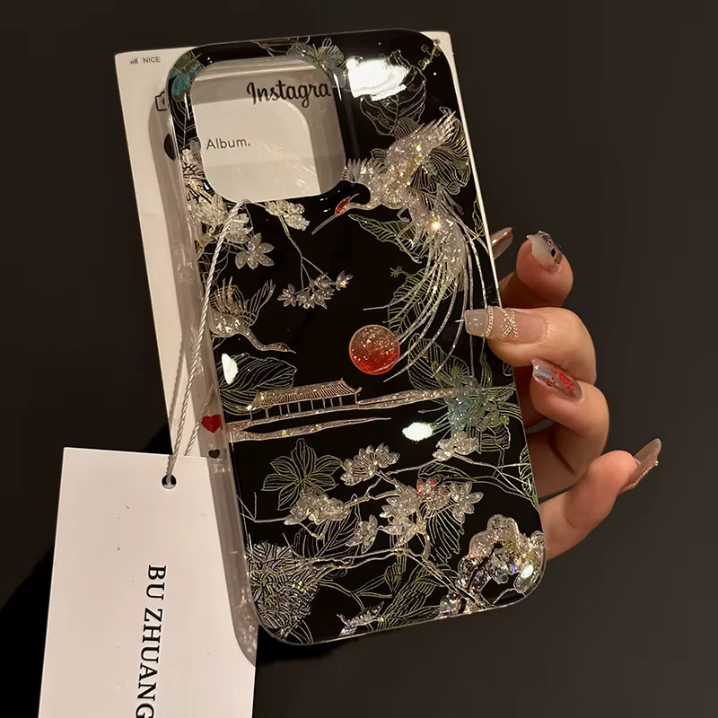 iPhone Hülle mit chinesischem Berglandschaft und Kranich Design in Schwarz für Apple iPhone 17 Pro 16 15 Pro Max 14 Plus 13 12 11 16E Air 7 8 SE Cover - Bild 2