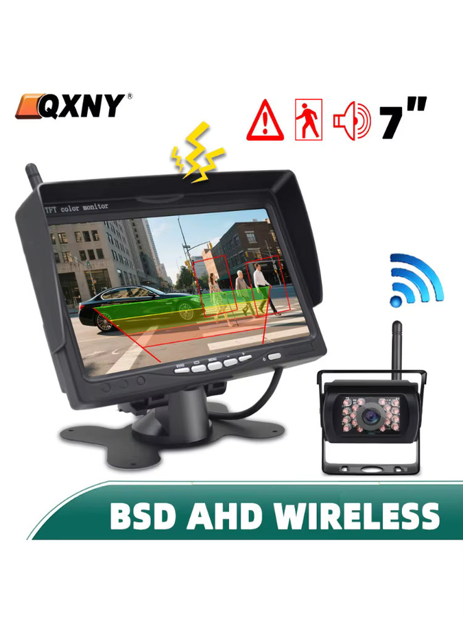 QXNY Drahtlose Rückfahrkamera mit 7-Zoll-Monitor und AHD 1080p Full HD sowie BSD-Funktion in Schwarz für LKW, Bus, Wohnmobil und Anhänger - Bild 5