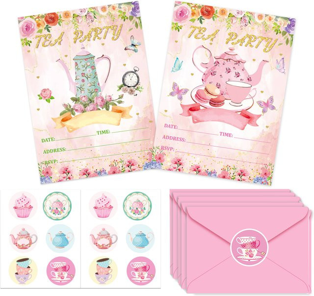 26er Set Cartoon Tee Teekanne und Rose Einladungskarten mit Umschlägen und Aufklebern für Hochzeit, Babyparty oder Geburtstag in Mehrfarbig - Bild 1