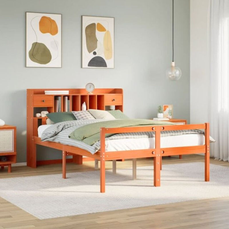 Massivholzbett aus Kiefer mit Regal in Braun von Vidaxl, B/T/H: 150 x 200 x 110 cm - Bild 1