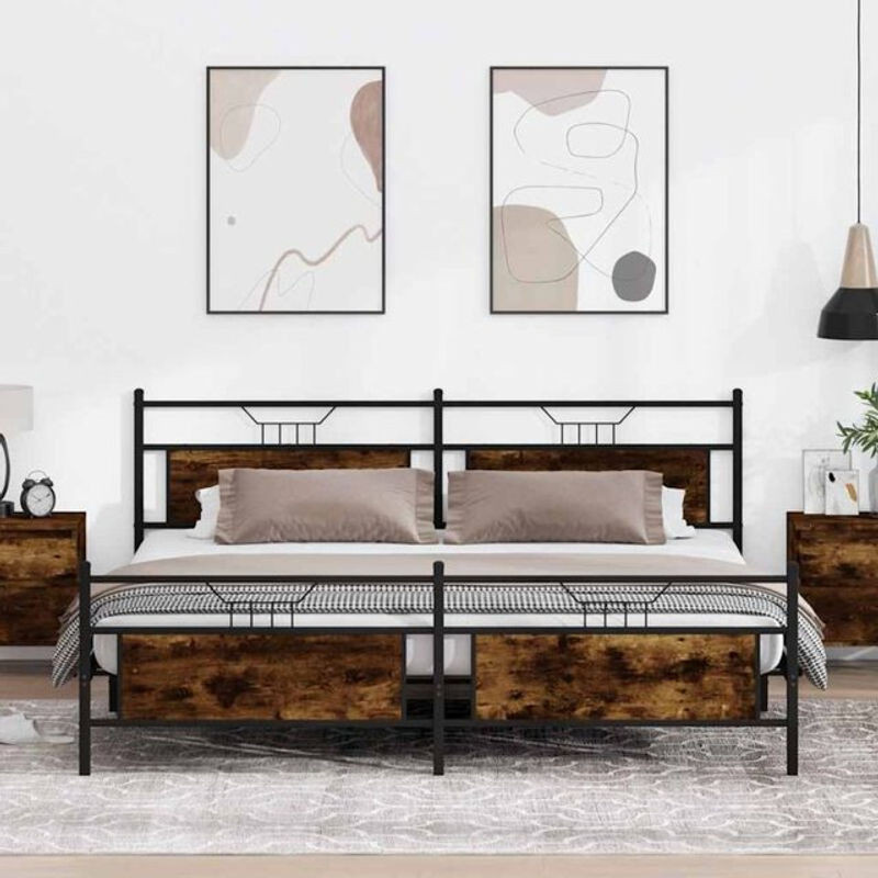 Metallbett Vidaxl in Räuchereiche und Braun aus Metall und Holzwerkstoff, B/T/H: 193 x 203 x 91,5 cm - Bild 1