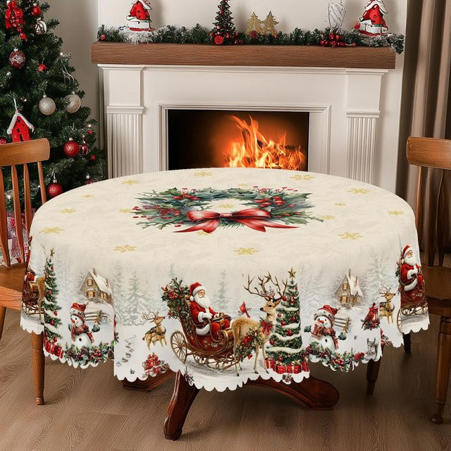 JINGYUE Pet Weihnachts-Tischdecke im Vintage-Bauernhaus-Stil mit Weihnachtsmann, Rentier und Weihnachtsbaum, weiß, Durchmesser: 180 cm - Bild 1