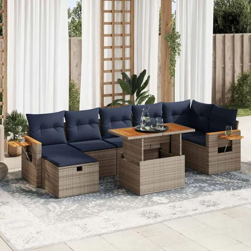 8-teilige moderne Garten-Sofagarnitur aus Poly-Rattan und Akazie mit Kissen in Grau und Blau von vidaxl - Bild 1