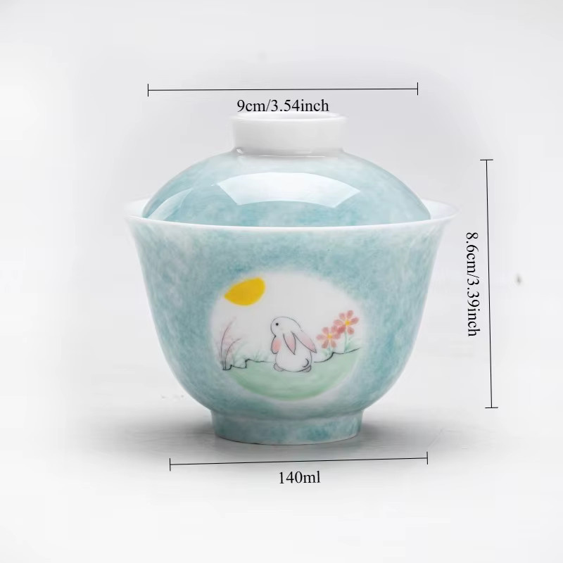 Handbemaltes Keramik-Teetassen-Set mit Hasen- und Mondmotiv in Blau für Gongfu-Tee und Zen-Zeremonien - Bild 4