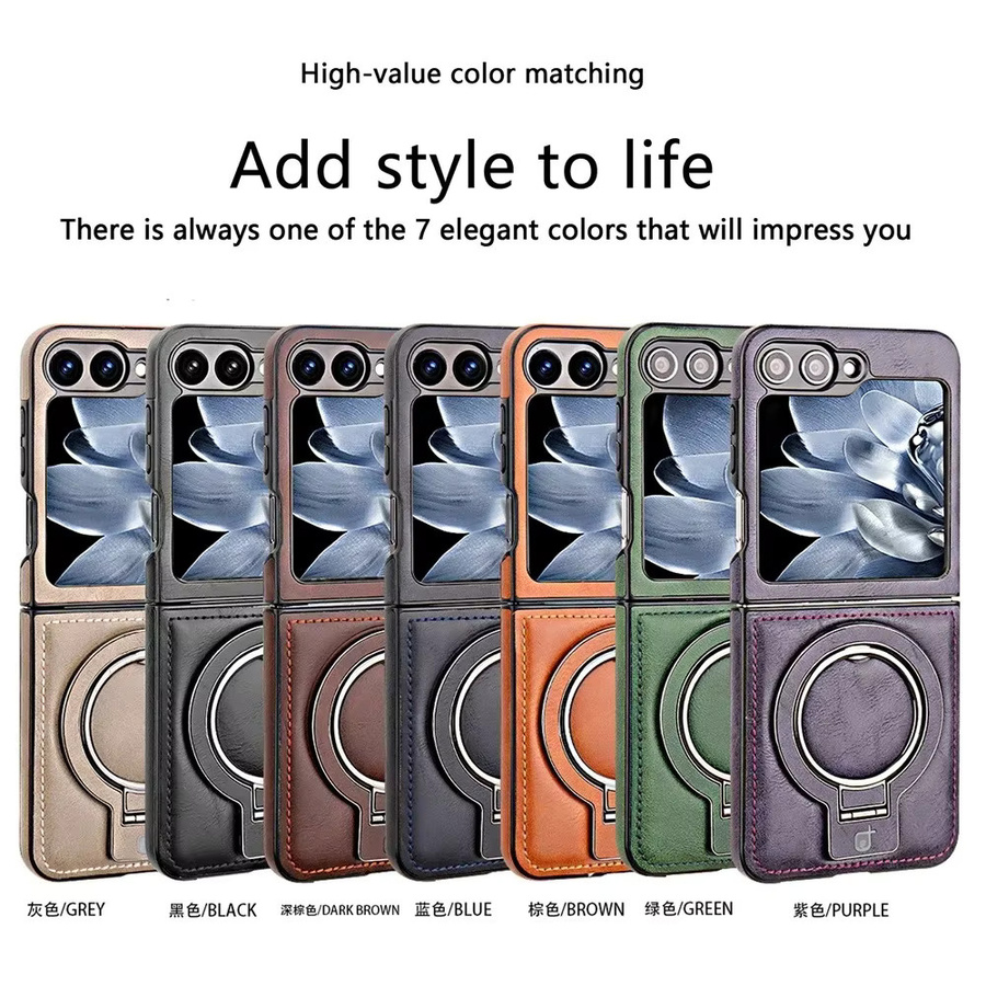 Premium Leder Handyhülle mit magnetischer Falte und Metallringhalterung für Samsung Galaxy Z Flip 7, FE, 6, 5, 4, 3 in Blau - Bild 2