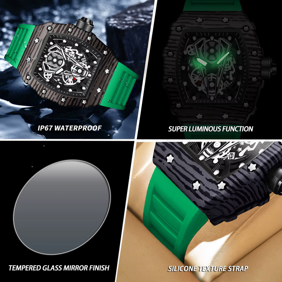 BINBOND Armbanduhr, Quarz, Tonneau, Schwarz, Silikon, Herren - Bild 5