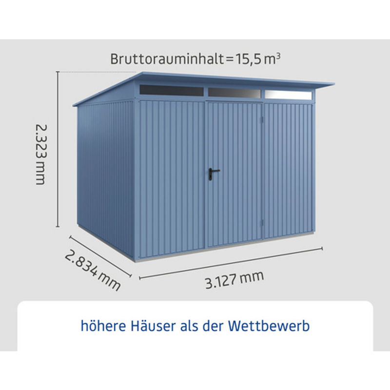 Hörmann Gerätehaus Trend-P mit Pultdach und Einzeltür in Taubenblau, B/H/T: 302,8 x 232,3 x 238 cm - Bild 3