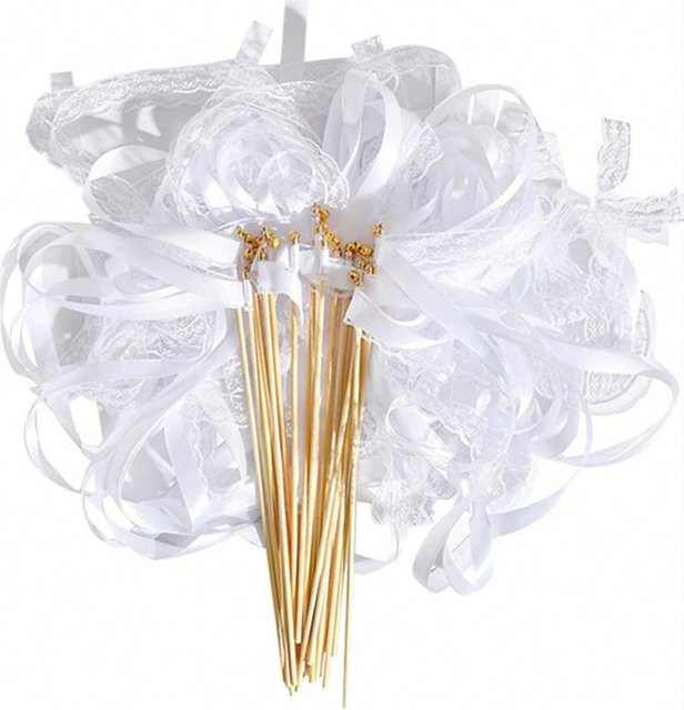 2 Stück Bunte Zauberstäbe mit Textilband und Blumen für Hochzeit und Party, Mehrfarbig und Weiß - Bild 1
