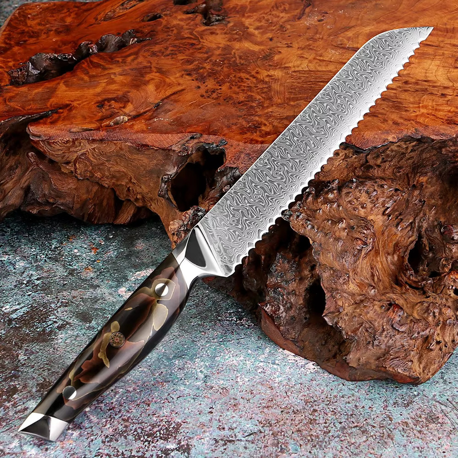Xituo Brotmesser aus Damaststahl mit gezahnter Klinge, Farbe Gold/Multicolor, Griff aus Kupfer und Platinharz, Länge: 20,32 cm - Bild 3