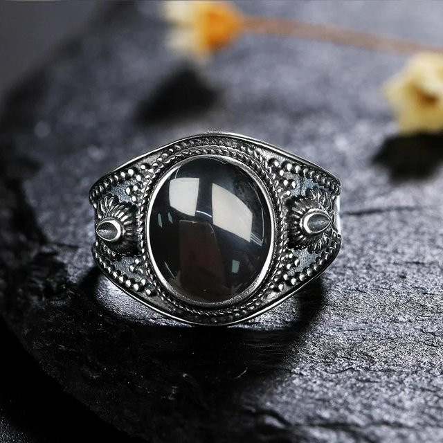 Silberring 925 Silber, Schwarzer Onyx, Unisex, Ringgröße 10 - Bild 1