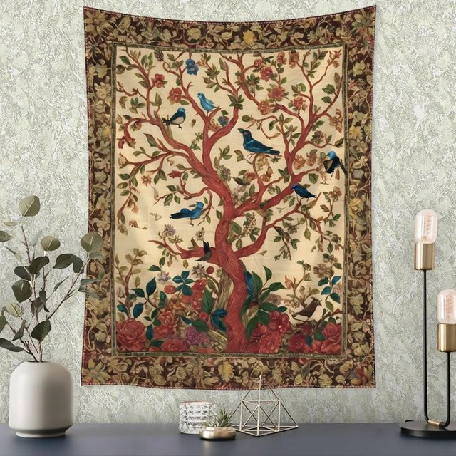VIKAMA Retro-Wandteppich mit Blumen und Vögeln im Boho-Stil, Baum des Lebens Wanddeko, Mehrfarbig, B: 75,0 cm, H: 58,0 cm - Bild 1