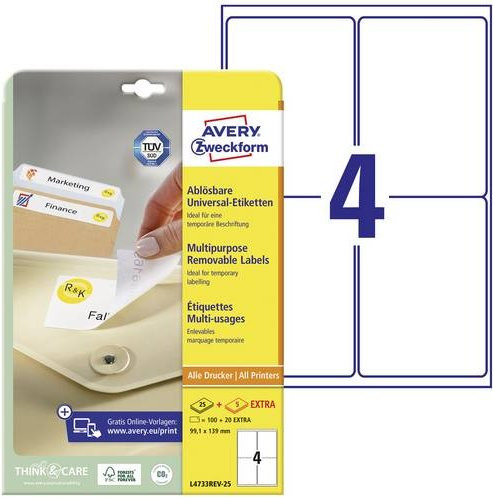 Avery Zweckform Universal-Etiketten wiederablösbar, Weiß, Papier, B: 9,91 cm, H: 13,9 cm, 25 Stück - Bild 1