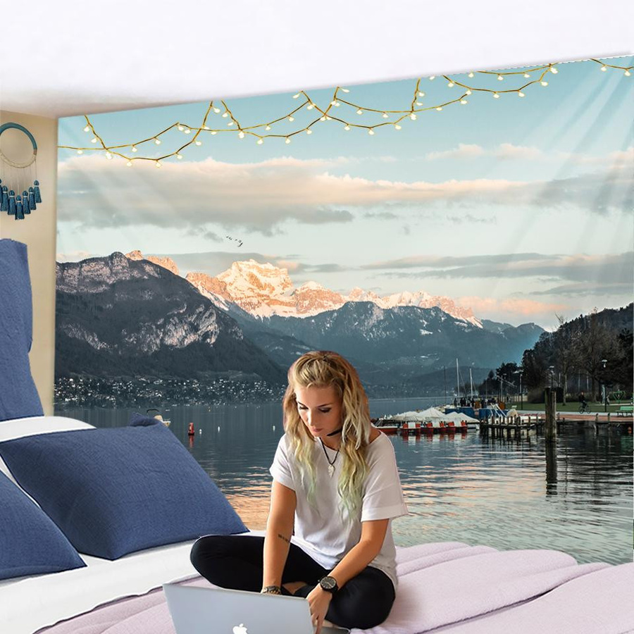 Schneeberg Naturlandschaft Wandteppich mit Fluss im böhmischen Hippie-Stil, B/H: 95 x 70 cm - Bild 2