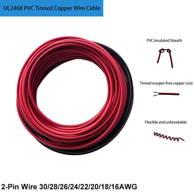 Bytebattle UL2468 PVC 2-Pin Kabel aus verzinntem Kupfer, isoliertes LED-Streifen Kabel in Rot und Schwarz, verschiedene AWG-Stärken und Längen verfügbar - Bild 1