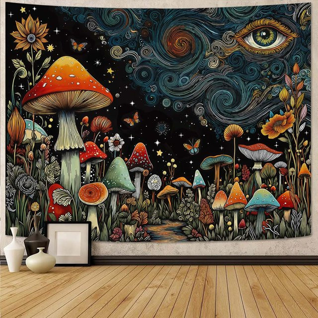 Hippie Pilzwald Wandteppich von JMG Household Supplies, Abstrakt Fantasy Himmelsauge Wandbehang mit floralen Pflanzen, B/H: 70 x 100 cm, Mehrfarbig - Bild 1