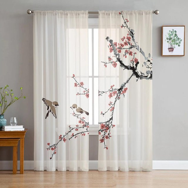 Transparente Organza-Vorhänge im chinesischen Stil mit Pflaumenblüten- und Vogelmuster, 2er-Set, Weiß, Breite: 65 cm, Höhe: 60 cm - Bild 1