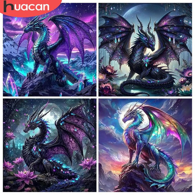 HUACAN 5D-Diamant-Kunstgemälde Drache als rundes Diamant-Mosaik in Multicolour zur Heimdekoration - Bild 1