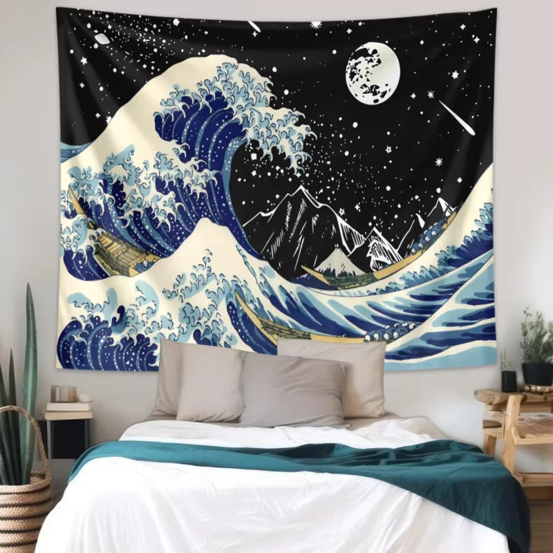 VIKAMA Kanagawa Suruga-Ichi Wandteppich im Ukiyo-e Stil mit japanischen Wellen, blaue Wanddekoration aus Textil - Bild 2
