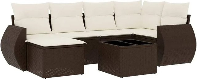 vidaXL 7-tlg. Garten-Sofagarnitur in L-Form aus Polyrattan mit Kissen in Braun - Bild 1