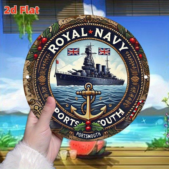 Potdemiel Vintage Metallblechschild Royal Navy Portsmouth mit U-Boot-Illustration, Blau/Mehrfarbig, B/H: 20,3 x 20,3 cm - Bild 1