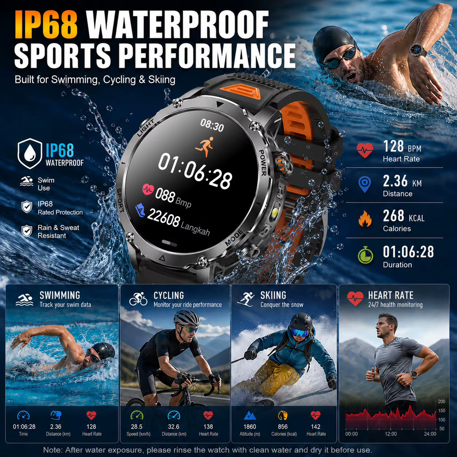 GUHUAVMI Smartwatch für Herren in Schwarz mit 1,7 Zoll AMOLED-Display, GPS-Bewegungsverfolgung, Bluetooth-Anruffunktion und IP68 wasserfestem Gehäuse - Bild 4