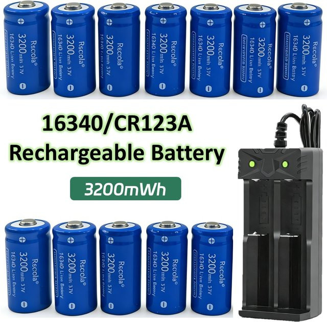 Rscrola Li-Ion Akku Set 16340 CR123A mit Ladegerät 3,2 V 3200 mAh Blau für Arlo Kameras und Taschenlampen - Bild 1