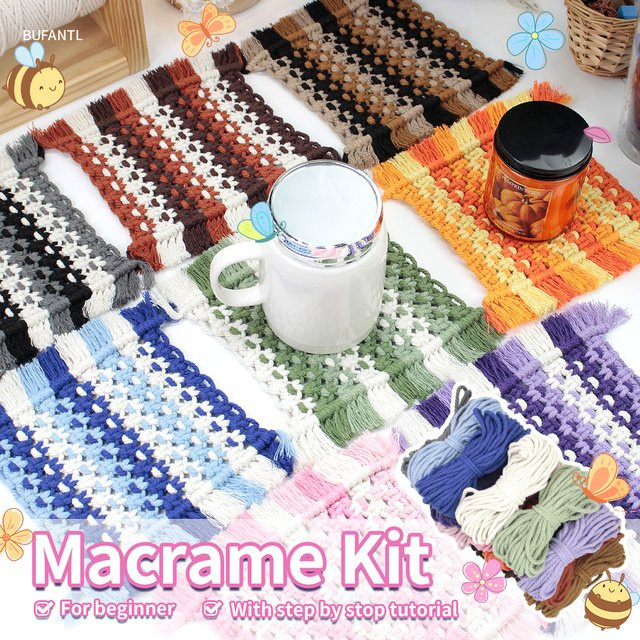 DIY Makramee-Set für quadratische Untersetzer mit Tutorial für Anfänger, mehrfarbige Hitzeschutzmatten zum Selbermachen - Bild 1