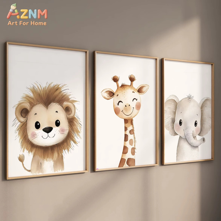 AZNM Leinwanddruck mit Safari-Tieren im Aquarell-Stil für dein Kinderzimmer, mehrfarbig - Bild 2