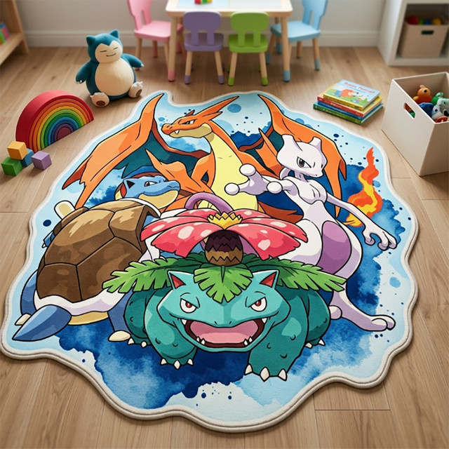 Bandai Pokemon Plüschteppich mit Venusaur, Blastoise, Charizard und Mewtwo im Aquarell-Design, rutschfest und weich, Multicolour - Bild 1