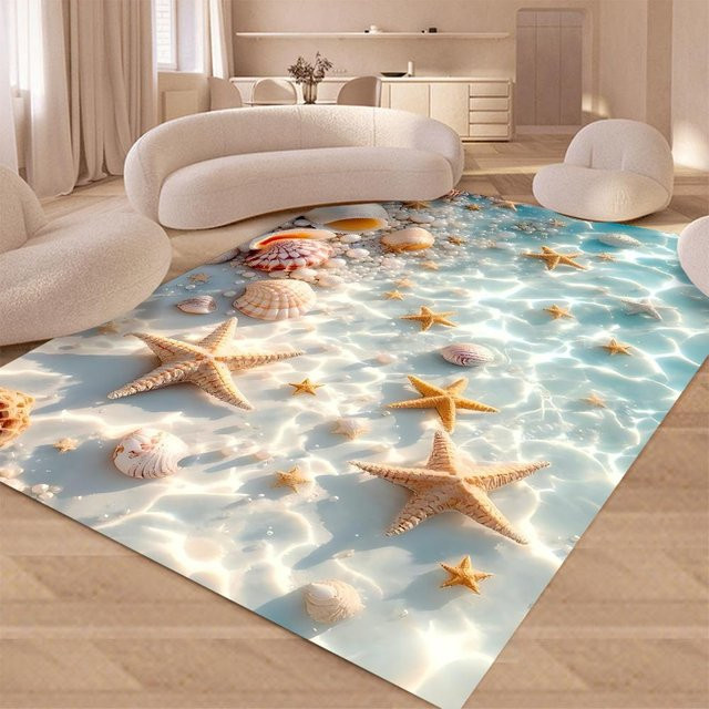 JGJG Teppich mit Seestern- und Muschel-Design, rutschfest und waschbar, B/T: 120 x 80 cm, mehrfarbig - Bild 1
