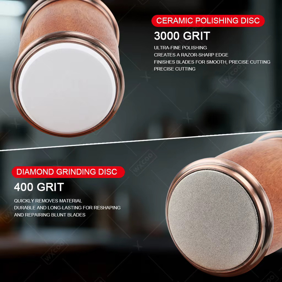 WXCOO Rollender Messerschärfer mit einstellbarem Wolframstahl-Magnetschleifstein in Braun mit Holzoptik und Metallgehäuse - Bild 2