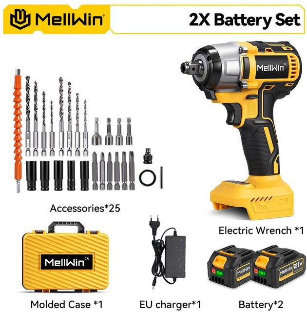 MELLWIN 3-in-1 Bürstenloser Elektrischer Akku-Schlagschrauber mit 520 N.m Drehmoment, kompatibel mit Makita 18V LXT, Gelb, inklusive 2 Akkus - Bild 1