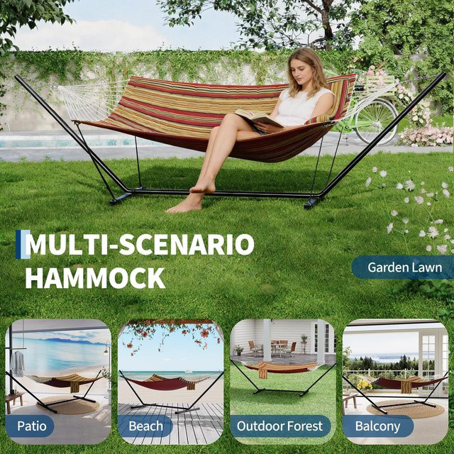 HiMISS 2-Personen-Outdoor-Hängematte mit Ständer und Kissen, gestreift in Rot und Mehrfarbig, aus pulverbeschichtetem Stahl für Garten und Innenbereich - Bild 1