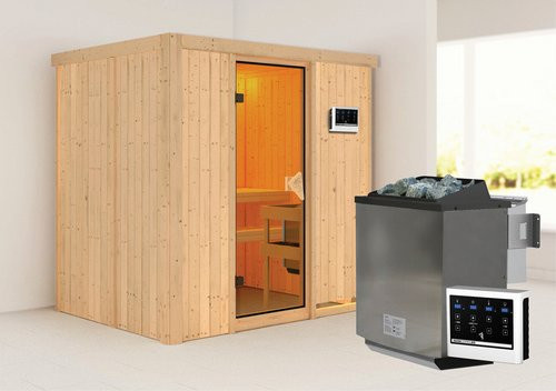 Karibu Sauna Kothla aus Fichtenholz in Beige für 3 Personen inklusive 9 kW Bio-Kombi-Saunaofen mit externer Steuerung - Bild 1