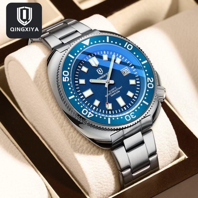 Qingxiya Armbanduhr Quarz, Edelstahl, Blau, Herren - Bild 1
