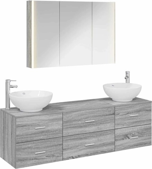 vidaXL Badezimmermöbel-Set 4-teilig in Grau mit Waschtischunterschrank, Spiegelschrank und Wandschrank aus Holz und Glas mit LED-Beleuchtung - Bild 1