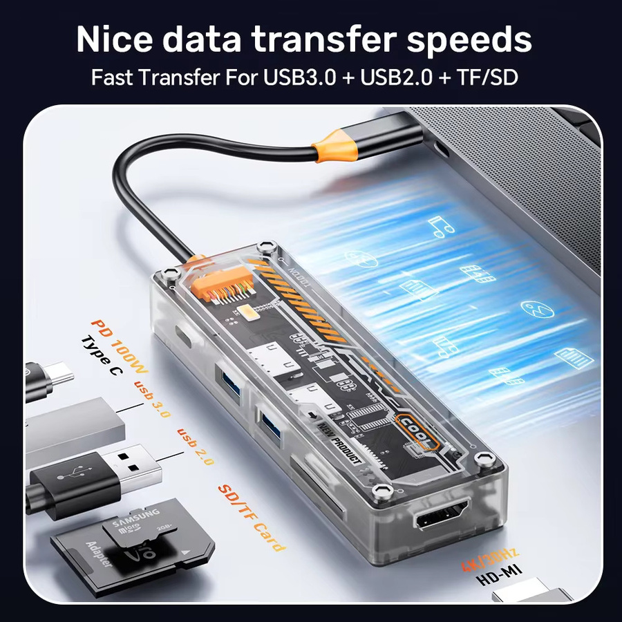 ASOMETECH 6 in 1 USB-C Hub mit HDMI 4K, TF-Slot und 100W PD für MacBook Pro, Laptop und Tablet, USB 3.0 Adapter in Transparent-Optik - Bild 3