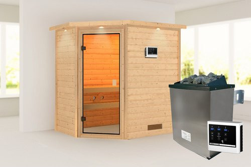 Karibu Sauna Ahja in Beige für 2 Personen mit 9 kW Ofen und externer Steuerung, B/T/H: 224 x 159 x 191 cm