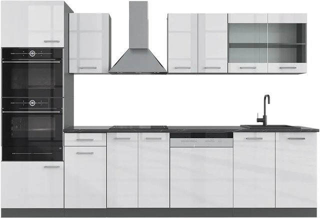 Vicco R-Line Küchenzeile in Weiß Hochglanz und Anthrazit mit Hochschrank, Breite: 300 cm - Bild 2