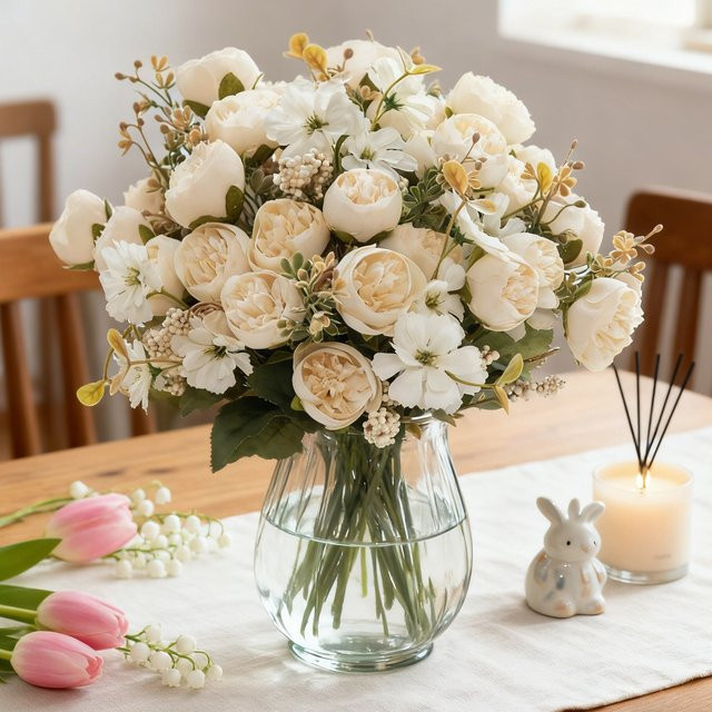 ZQCY Künstliche Seidenblumen Set mit Teeknospen, Rosen und Pfingstrosen in Orange und Weiß für Hochzeitsdekoration und DIY-Geschenke - Bild 1