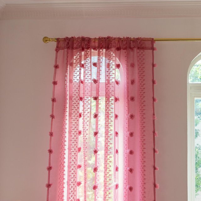 SH Home Decoration Transparente Vorhänge mit Blumenstickerei und Fellbommeln in Weiß und Pink, Höhe: 244 cm, Breite: 140 cm - Bild 1