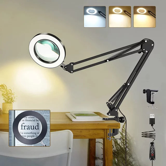 DBF 8-fache Lupe mit Licht und Ständer, dimmbare 2-in-1 Schreibtischlampe mit verstellbarem Schwenkarm und Klemme für Bastelarbeiten, Lesen und Reparaturen - Bild 1