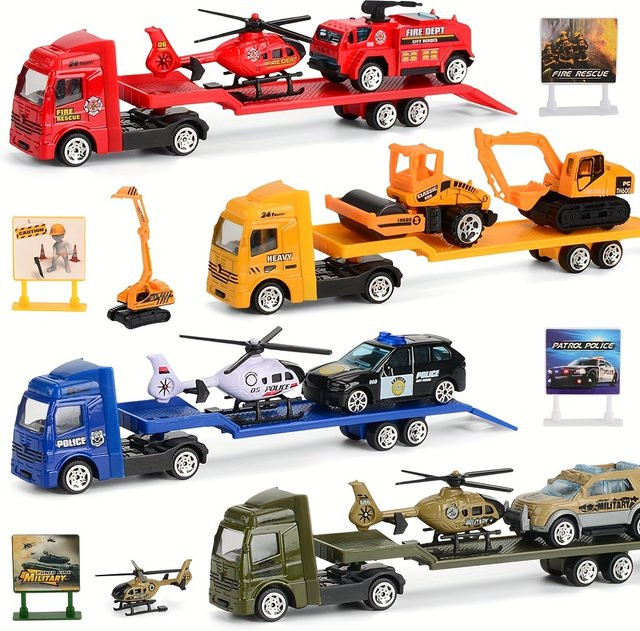 SONGYI Spielfahrzeug-Set, Polizeiauto, Feuerwehrauto, LKW, Spielset - Bild 1
