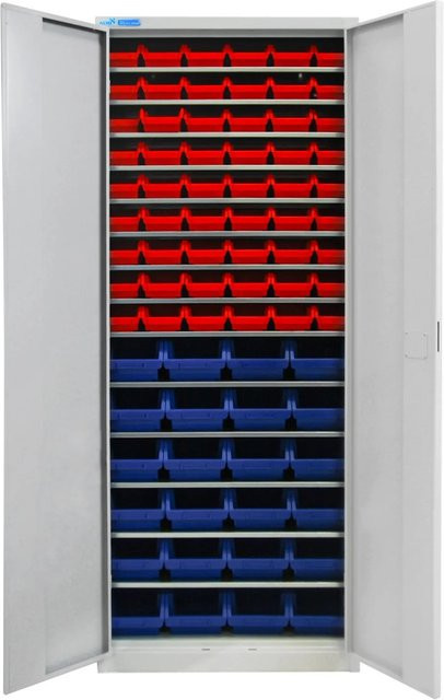 PROREGAL Flügeltürenschrank Owl in Lichtgrau mit 14 Fachböden und 78 Sichtlagerkästen, H: 195 cm, B: 71 cm, T: 30 cm - Bild 1