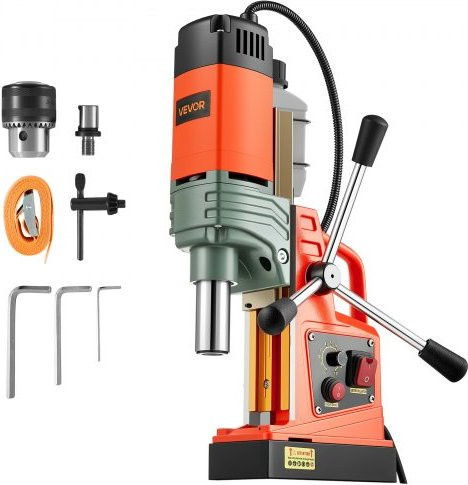 VEVOR Magnetbohrmaschine in Orange mit 1350 W Leistung, 50 mm Bohrdurchmesser und einstellbarer Drehzahl von 0–800 RPM, tragbare magnetische Bohranlage mit Weldonschaft für Metalloberflächen - Bild 1