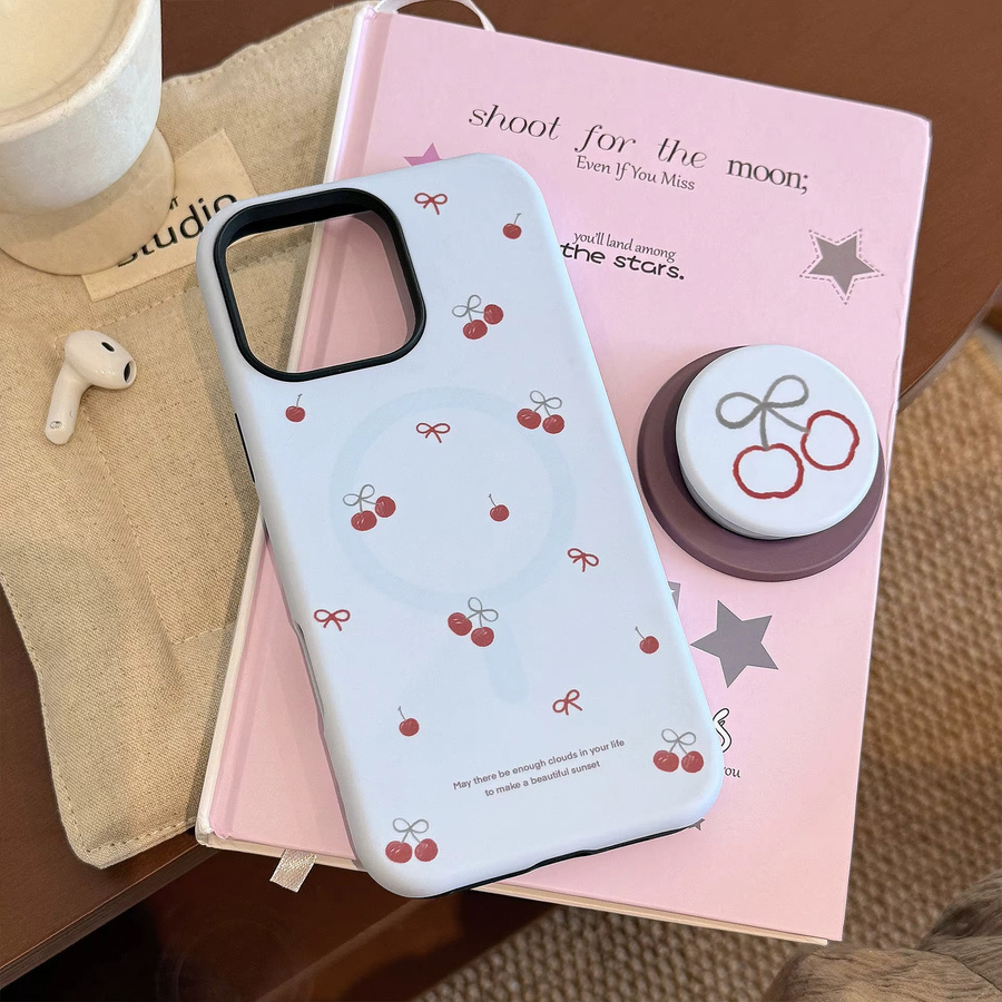 MUQGEW Koreanische Cartoon-Kirsche-Handyhülle mit magnetischer Halterung für iPhone 17, 16, 15, 14, 13, 12, Mini 11, Pro Max, stoßfeste Schutzhülle - Bild 2