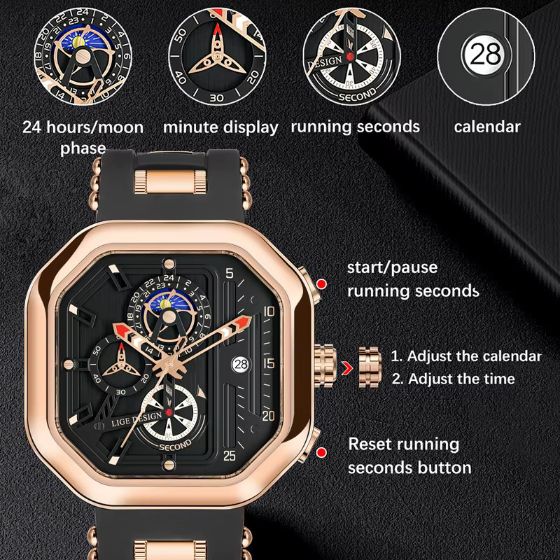 LIGE Armbanduhr Quarz, Eckig, Schwarz, Roségold, Edelstahl, Herren - Bild 5