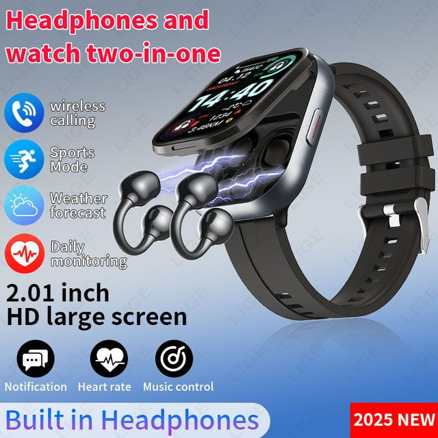 LIGE 2-in-1 Smartwatch und TWS Ohrclip-Kopfhörer in Schwarz mit Herzfrequenz- und Schlaf-Tracking - Bild 1