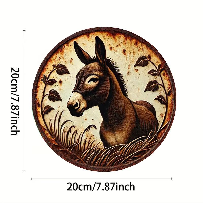Potdemiel Rundes Metall-Wandschild mit Vintage-Esel-Illustration und Blumenrand, Multicolor, Durchmesser: 20,3 cm - Bild 2